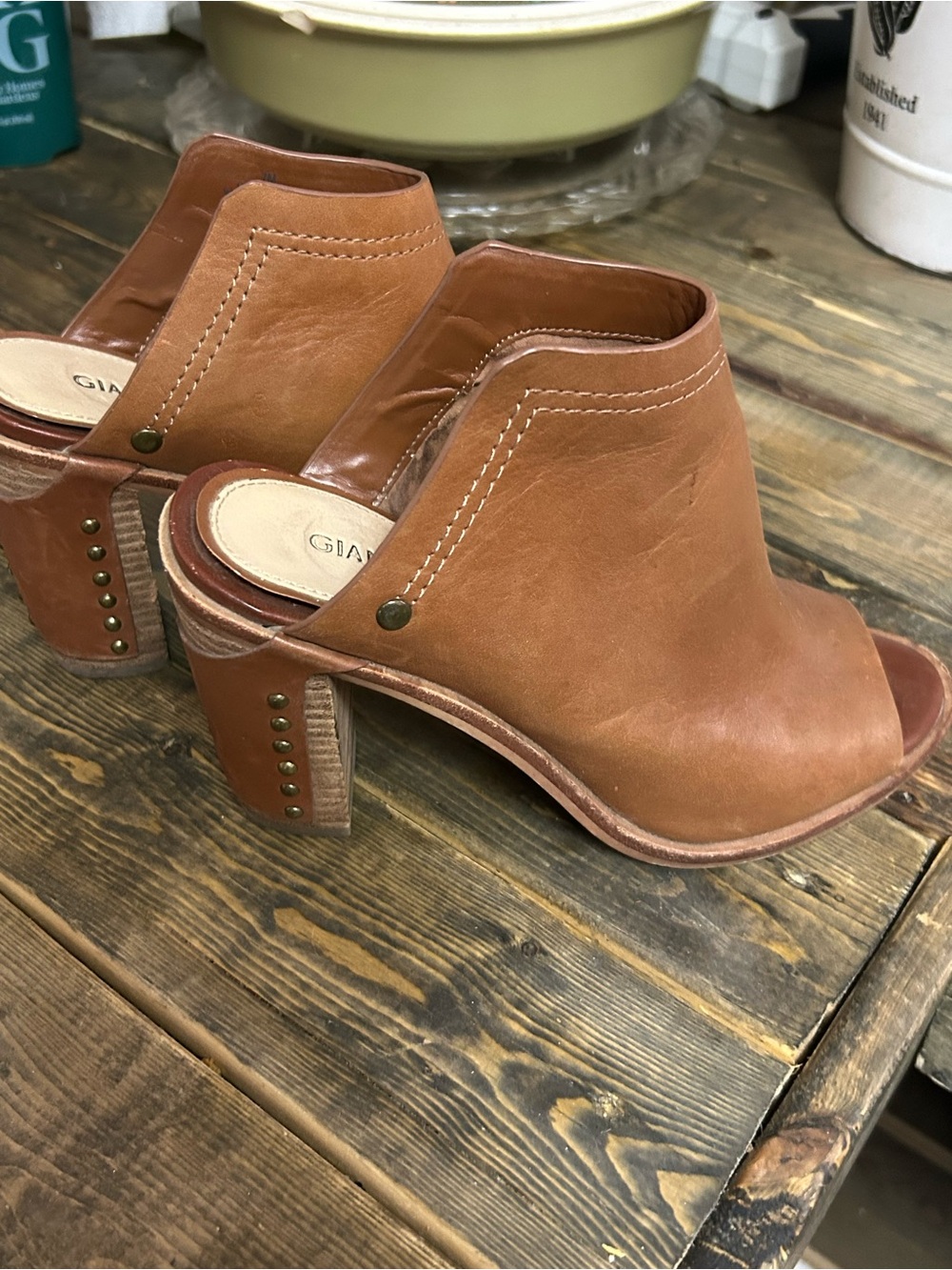 Gianni Bini Brown Leather Open-Toe Studded Mule Heels